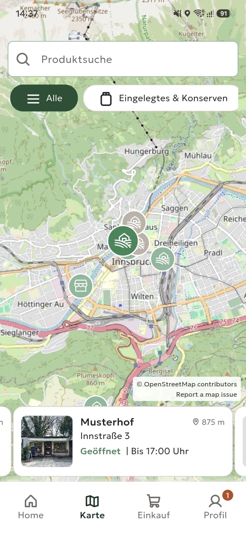 Stella-App: Kartenansicht mit Höfen und Verkaufsautomaten in der Nähe