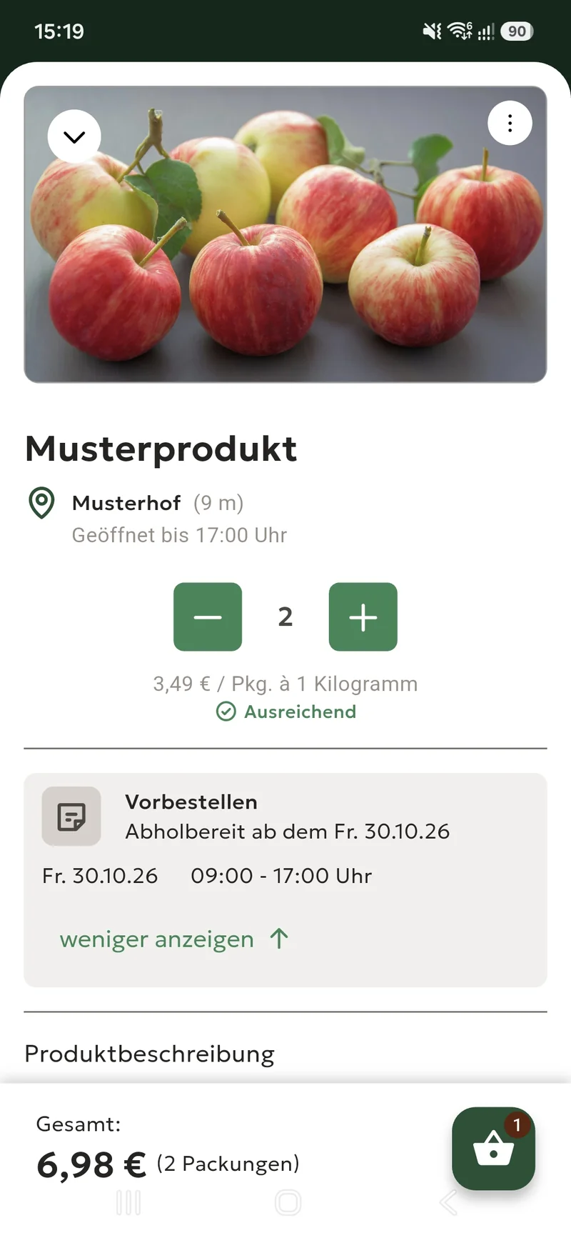 Stella-App: Produktdetail mit Menge, Preis und Vorbestellung
